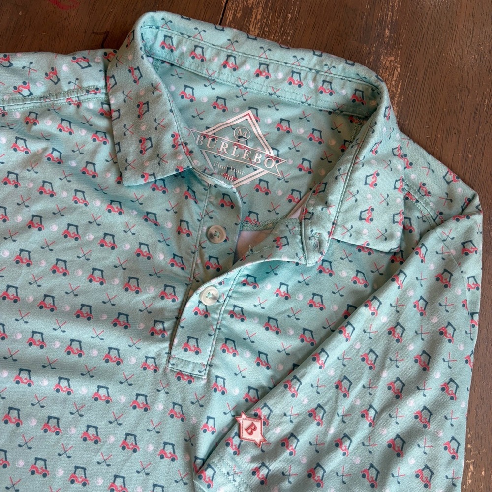 Burlebo Polo Shirt Mens Medium Golf Cart Print Performance Green Stretch Cotton